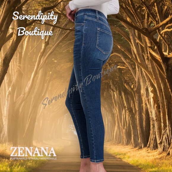 Zenana Super Stretch Skinny High Rise Lightly Distressed Dark Wash Denim Jeans - Picture 6 of 11